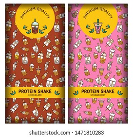 Vector background for protein shake packages, individual pack, labels, stickers. Volumetric, realistic pack for chocolate, strawberry sort of smoothie design. Bottles, shakers, cups, leaves cute patte