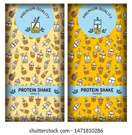 Vector background for protein shake packages, individual pack, labels, stickers. Volumetric, realistic pack for vanilla, banana sort of smoothie design. Bottles, shakers, cups, leaves cute pattern