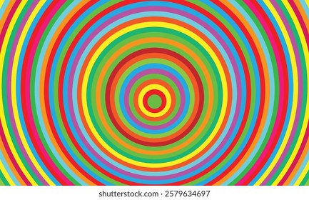 A vector background with psychedelic circles in vibrant colors creates a lively, mind-bending effect, making it ideal for artistic and abstract design projects.