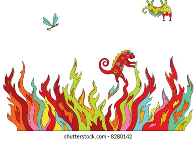 Vector background with psychedelic styled animals swarming in grass