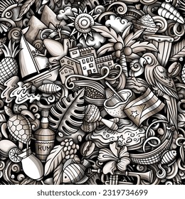 Vector background with Puerto-Rican Caribbean culture traditional symbols and items. Monochrome Central American funny seamless pattern