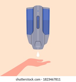 Vector Background. Pump Hand Wash. Hand and Sanitizer in Flat Style. Alcohol-based Hand Rub. Wall Mounted Soap Dispenser or Hand Wash Container. Coronavirus (Covid-19) Concept, Banner, Placard, Poster