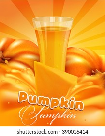 vector background with a pumpkin and a glass of  juice and  splash