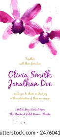 Vector background with purple watercolor orchids for wedding invitation or flyer