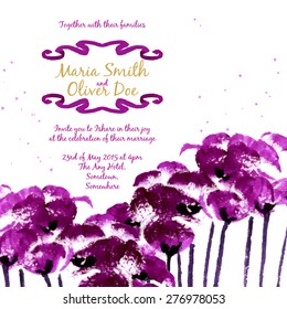 Vector background with purple watercolor poppies for wedding invitation or flyer