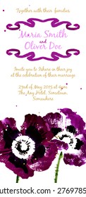 Vector background with purple watercolor poppies for wedding invitation or flyer
