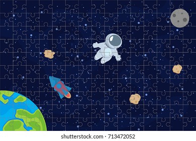Vector background puzzle with space, stars,  astronaut and planet.
