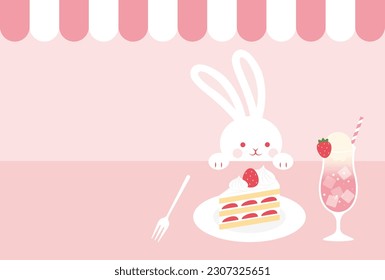 fondo vectorial con un conejo, una tarta de fresa y batido en un café para carteles, tarjetas, volantes, fondos de pantalla de medios sociales, etc.