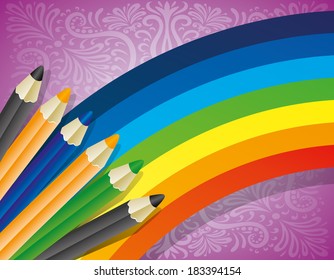 Vector background. Rainbow and pencils.