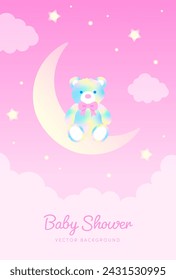 vector background with a rainbow teddy bear on the crescent moon in the sky for banners, cards, flyers, social media wallpapers, etc.