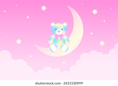 vector background with a rainbow teddy bear on the crescent moon in the sky for banners, cards, flyers, social media wallpapers, etc.