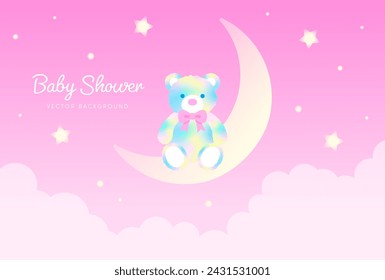 fondo vectorial con un oso de peluche arco iris en la luna creciente en el cielo para banners, tarjetas, volantes, fondos de pantalla de redes sociales, etc.