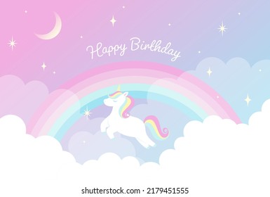 fondo vectorial con un unicornio arcoiris en un cielo nublado para carteles, tarjetas, volantes, fondos de pantalla de medios sociales, etc.