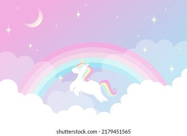 Vektorhintergrund mit Regenbogen-Einhorn in bewölktem Himmel für Banner, Karten, Flyer, Wallpaper in sozialen Medien, etc.