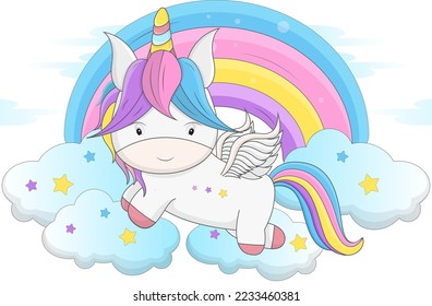 vector background with a rainbow unicorn in cloudy sky for banners