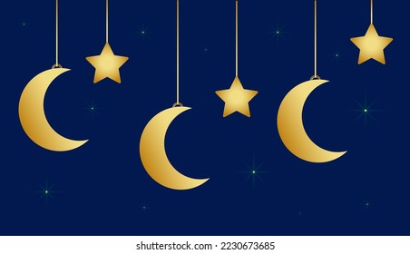 Vector background for the Ramadan holiday. Golden stars and the moon on a blue background