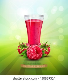 vector background with a raspberry and a glass glass of raspberry juice