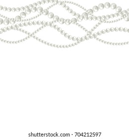 Vector background with realistic 3D shiny natural white pearl garlands. Pearl beads. Set for Celebratory Design, Christmas decorations. Wedding theme. Vector Illustration.
