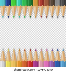 Vector background with realistic 3D wooden colorful colored pencils or crayons on transparency grid background with space for message or text. Design template for back to school, child creativity