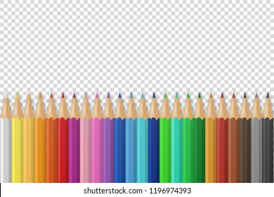 Vector background with realistic 3D wooden colorful colored pencils or crayons on transparency grid background with space for message or text. Design template for back to school, child creativity