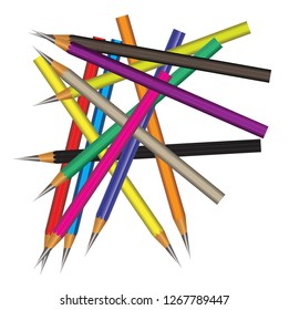 Vector background with realistic 3D wooden colorful colored pencils set. Vector set of color pencils on white background. Vector illustration