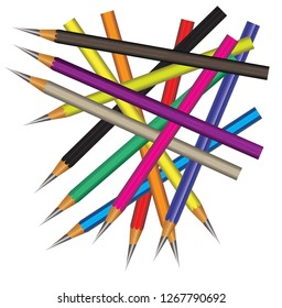 Vector background with realistic 3D wooden colorful colored pencils or crayons on transparent background. Pencil set. Design template for creativity concept
