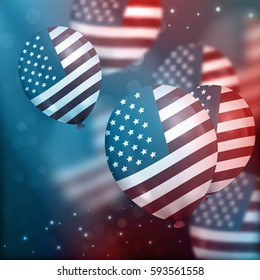 Vector background with realistic air balloons with American flag and sparks. Concept of Happy Independence Day.