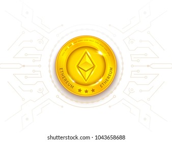 Vector background with realistic golden ethereum coin and circuit board, ether popular cryptocurrency in the world. Modern internet technology, blockchain, e-cash, digital money concept illustration