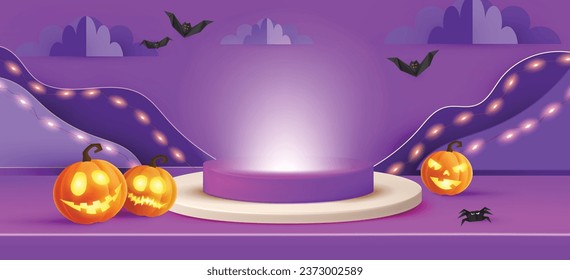vector background with realistic halloween pumpkin and podium for product display