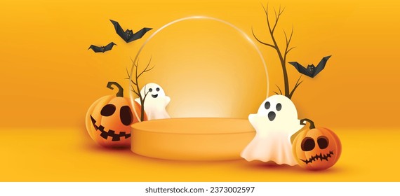 vector background with realistic halloween pumpkin and podium for product display