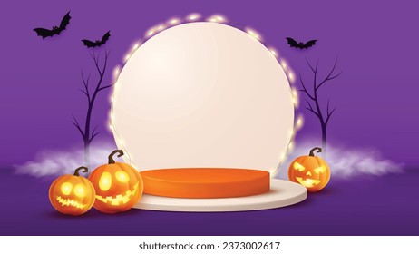 vector background with realistic halloween pumpkin and podium for product display