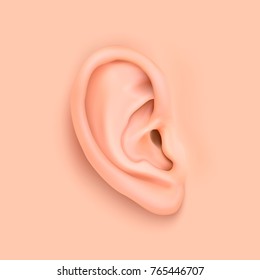 Vector background with realistic human ear closeup. Design template of body part, human organ for web, app, posters, infographics etc