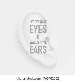 Vector background with realistic human ear closeup and quote - Hedges have eyes and walls have ears. Design Body part, human organ, template for web, app, posters, infographics etc