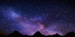 Vector Background With Realistic Night Landscape. Night Sky With Milky Way 