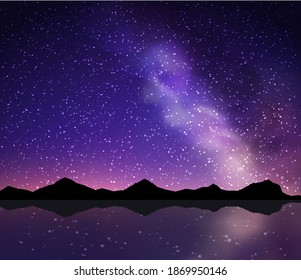 Vector background with realistic night landscape. Night sky with milky way 