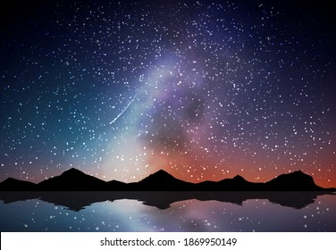 Vector background with realistic night landscape. Night sky with milky way 