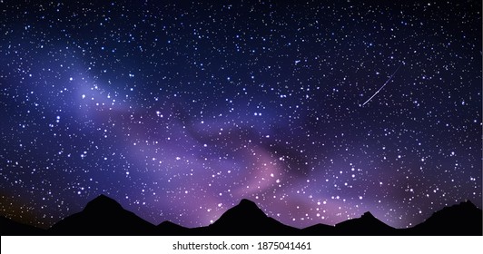 Vector background with realistic night landscape. Night sky with milky way 