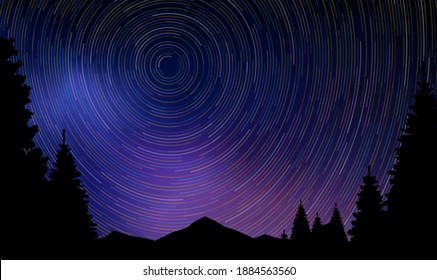 Vector background with realistic night landscape. Night sky with stars on long exposure effect