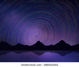 Fondo vectorial con un paisaje nocturno realista. Cielo nocturno con estrellas con efecto de exposición a largo plazo