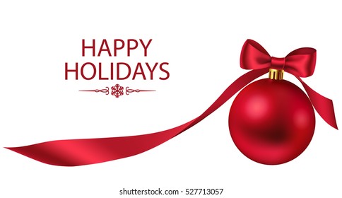 Vector background with red Christmas ball and beautiful bow and ribbon isolated on white. New Year decoration