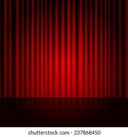 Vector background with red curtains. Spotlight on stage curtain.