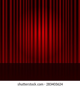 Vector background with red curtains. Spotlight on stage curtain.