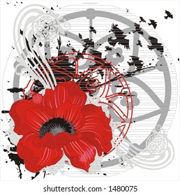 vector background with red flower and birds