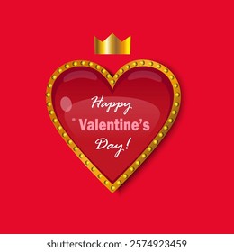 Vector  background with red heart and gold crown. Love and romantic design. Valentine's Day congratulation card, banner, cover or background