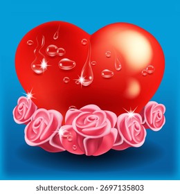 Vector background with a red heart with water drops and pink rosebuds on a blue background. Design template for a postcard, poster, banner for Valentine's Day.