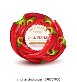 Vector background with red hot chili pepper placed in a circle and a round card for text. Isolate on white background