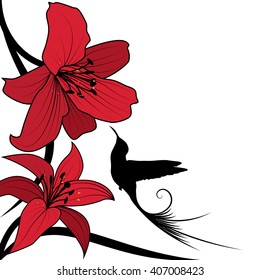 vector background with red lily and hummingbird