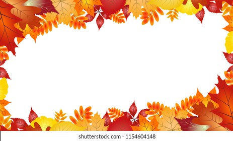 Vector background with red, orange, brown and yellow falling autumn leaves. Autumn leaves frame on white background.