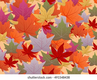 Vector background with red, orange, violet and yellow falling autumn leaves