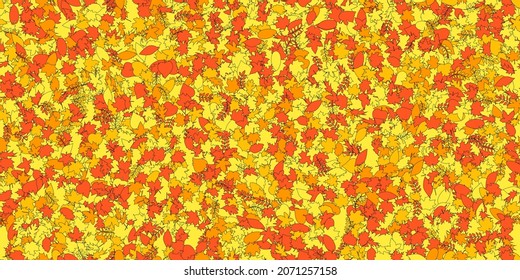 Vector background with red, orange and yellow falling autumn leaves. Abstract seamless pattern from different leafs. Many small leaves. Vector illustration on yellow background